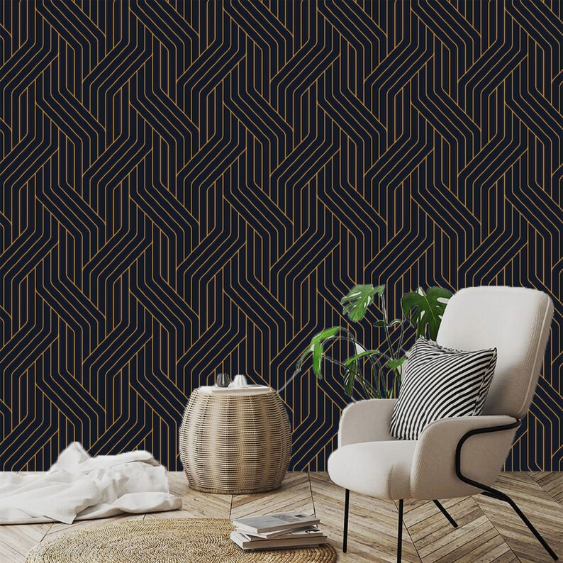 Peel and stick Art Déco Black Gold Non Metallic Wallpaper Self | Etsy