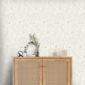 Neutral botanical minimalist abstract leaves Peel and stick removable vintage style elegant wallpaper