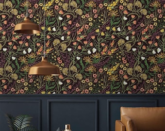 Wallpaper dark floral and botanical Peel and stick removable or Traditional accent wallpaper