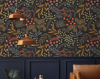 Dark floral wallpaper leaves and herbs Peel and stick removable or traditional Accent wallpaper leaves on dark