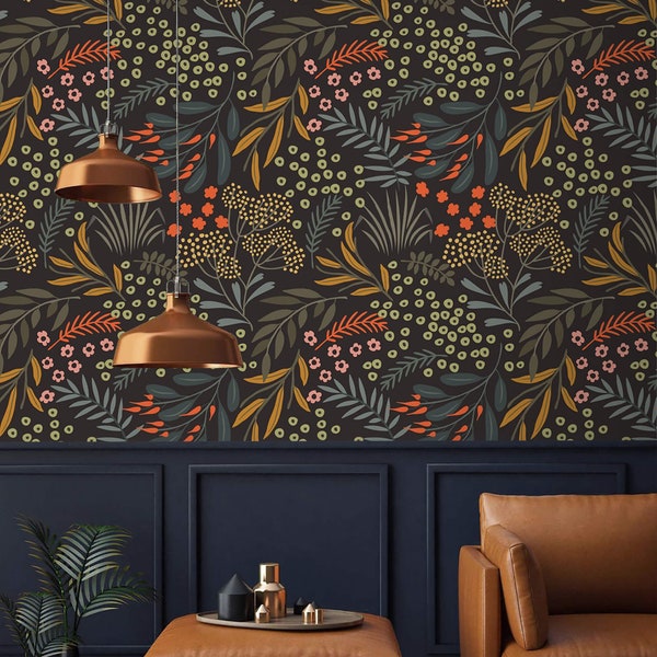 Dark floral wallpaper leaves and herbs Peel and stick removable or traditional Accent wallpaper leaves on dark