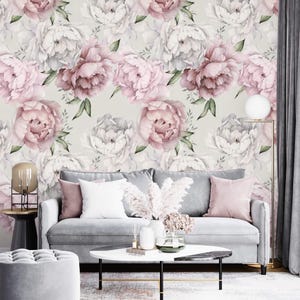 Floral wallpaper Large peony flowers watercolor Peel and stick or Traditional pastel wallpaper