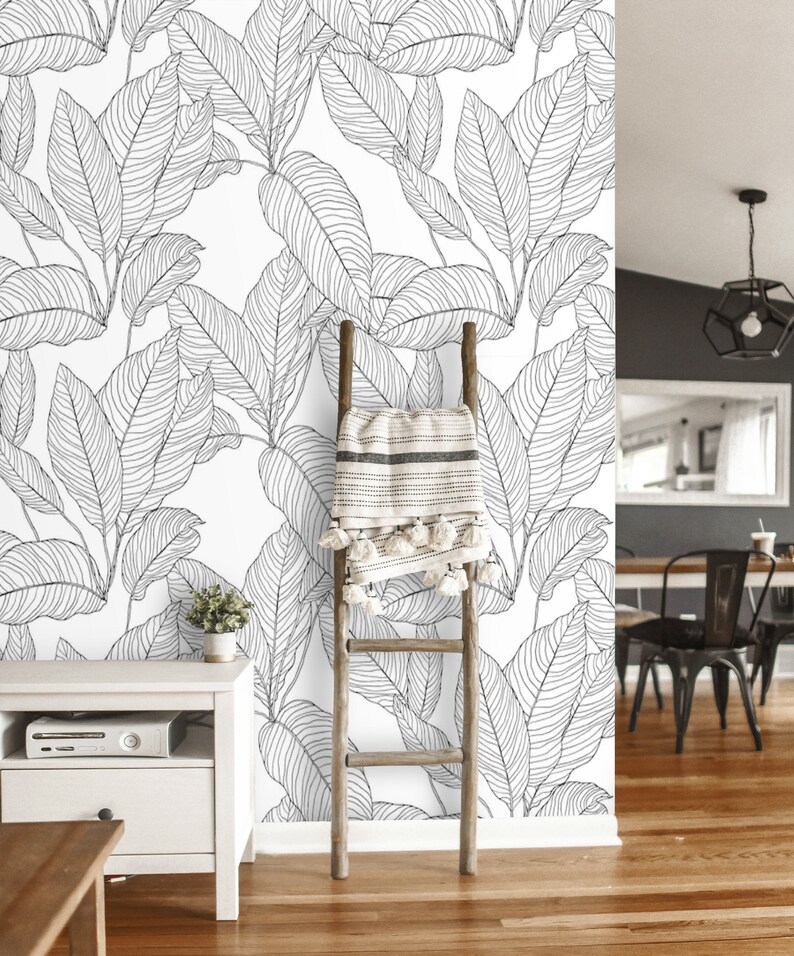 Peel and stick Monochrome Leaves Wallpaper Black and White | Etsy