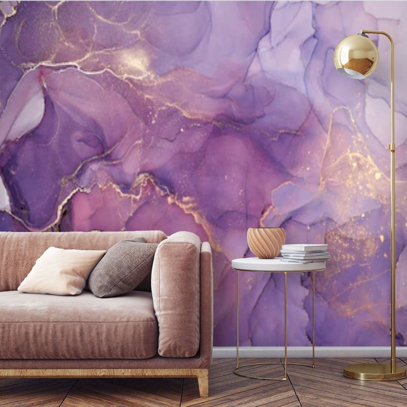 Peel and Stick Purple Gold Abstract Watercolor Wallpaper