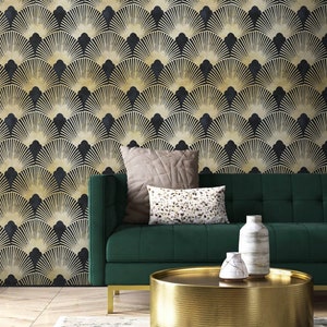 Art deco wallpaper fans black gold non metallic Peel and stick removable or Traditional accent luxury wallpaper