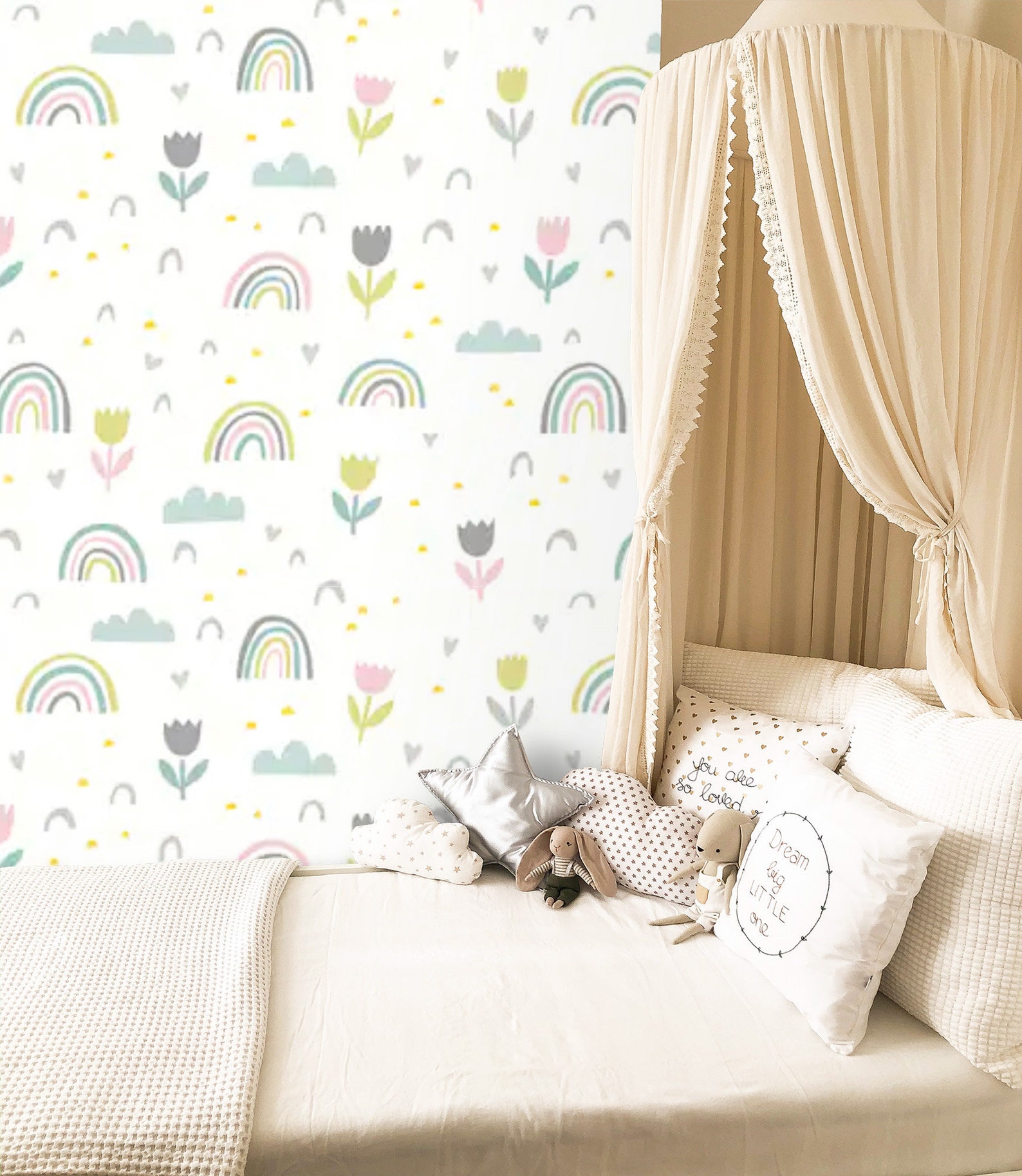 Wallpaper Nursery Baby Girl Room Wallpaper Kids Rainbow Floral Etsy