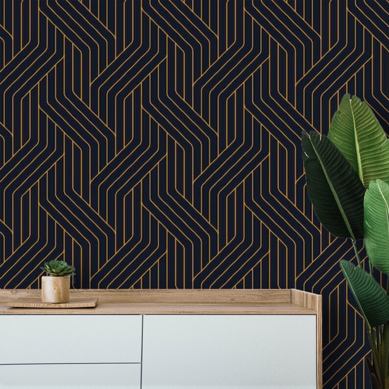 Peel and stick Art Déco Black Gold Non Metallic Wallpaper Self | Etsy