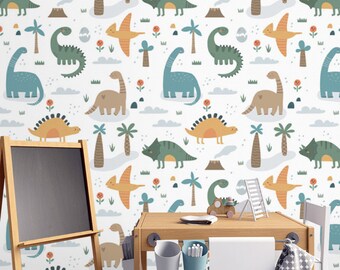 Dinosaur wallpaper kids Peel and stick removable or Traditional non woven Dinos boys room Baby boy nursery