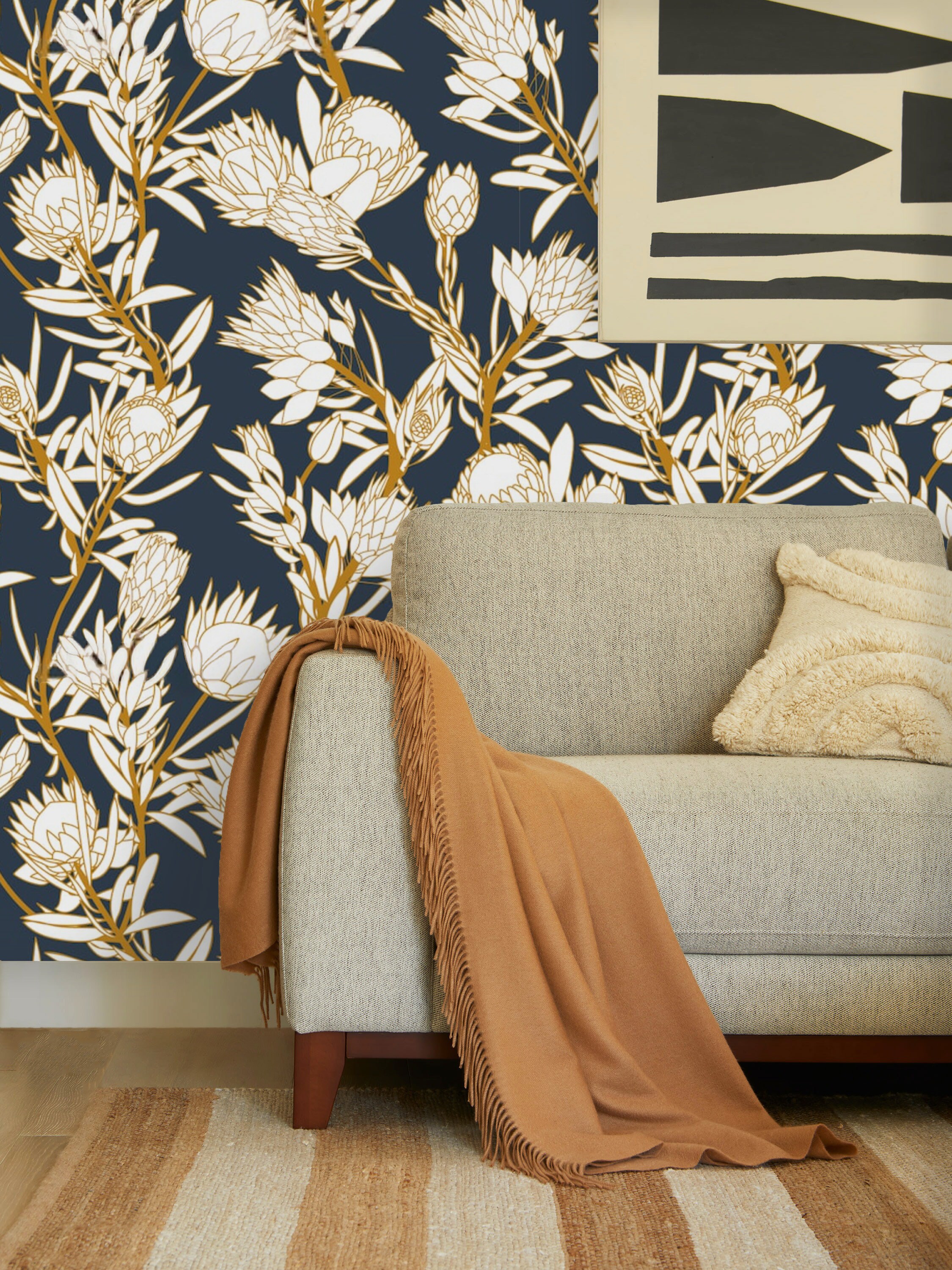 Floral Wallpaper Protea Flowers Navy Background Wall Paper Etsy