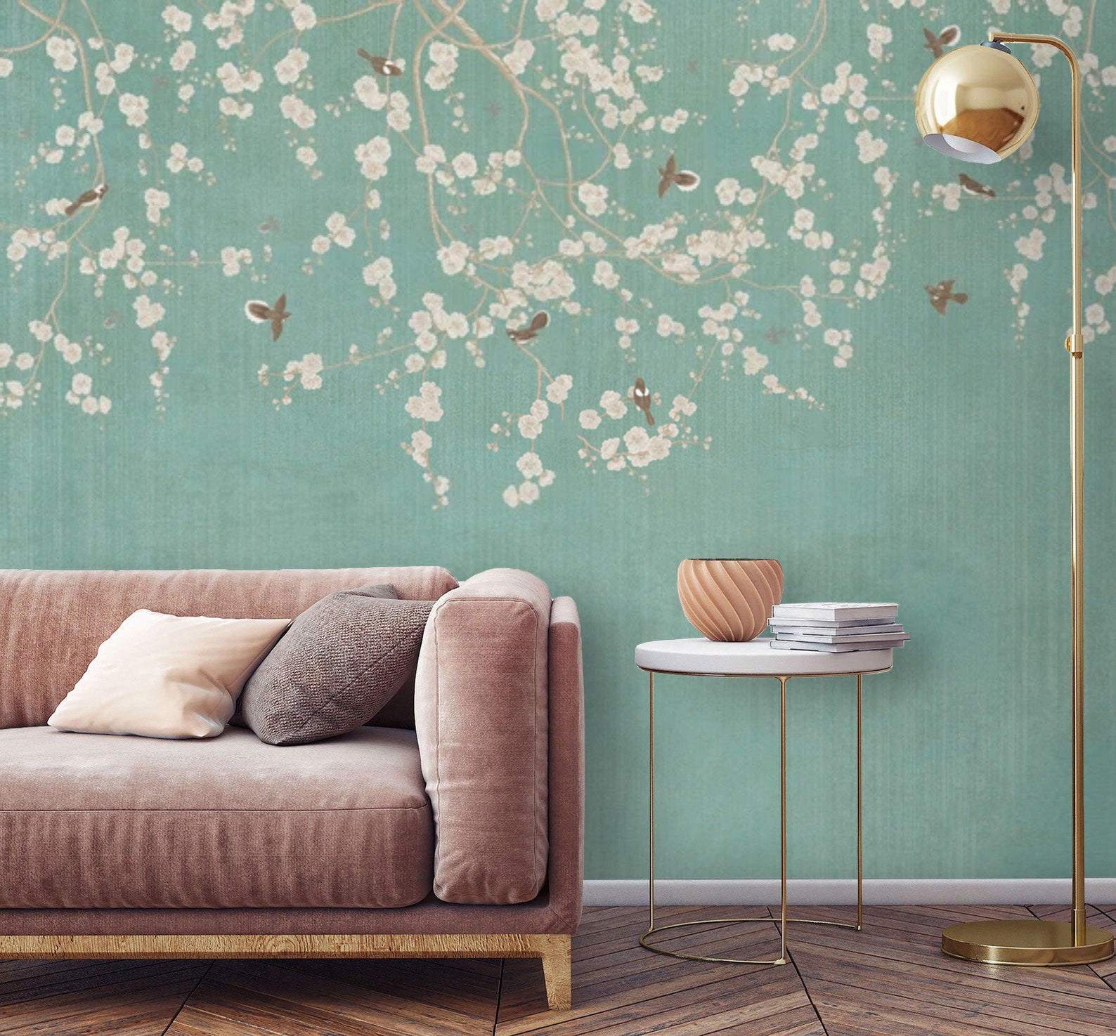 Teal Chinoiserie Wallpaper Flowers and Birds Wall Mural Peel Etsy UK