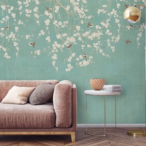 Teal Chinoiserie floral wallpaper birds wall mural Peel and stick removable or Traditional wallpaper