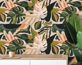 Tropical wallpaper exotic leaves Peel and stick removable or Traditional accent wallpaper vibrant colors