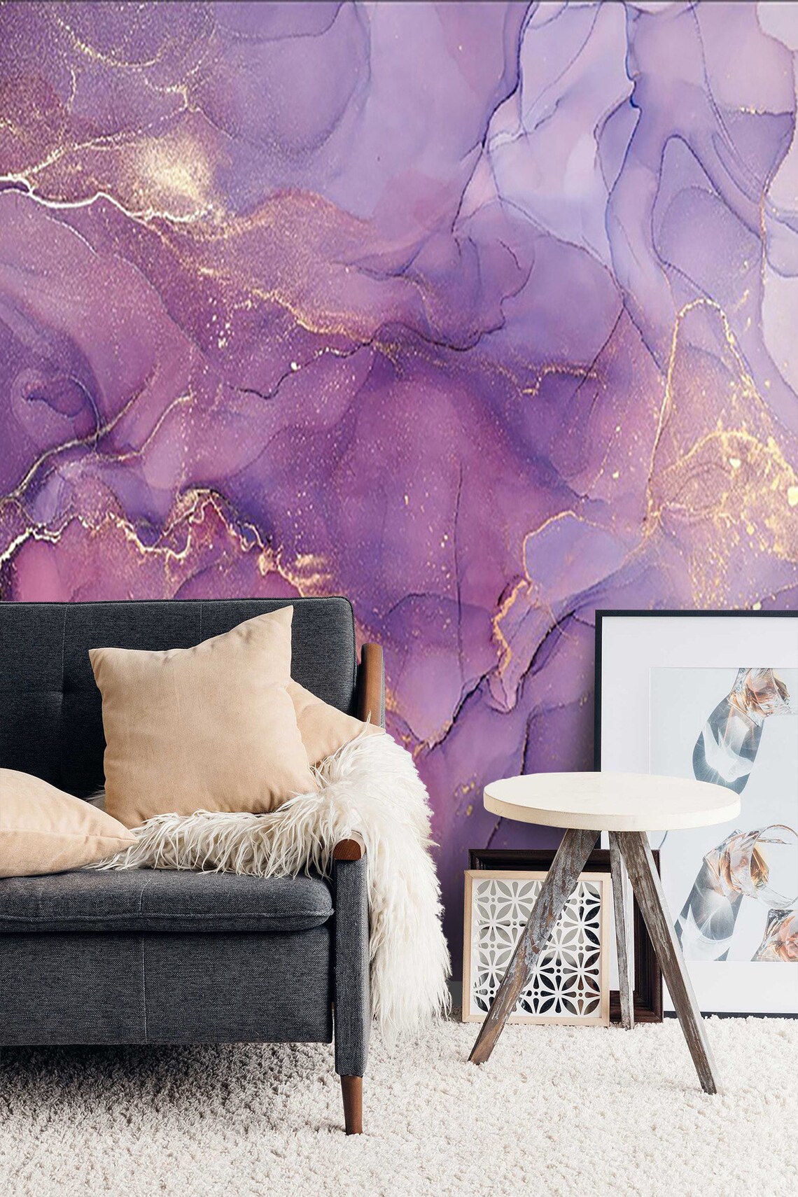 Peel and Stick Purple Gold Abstract Watercolor Wallpaper Mural Etsy