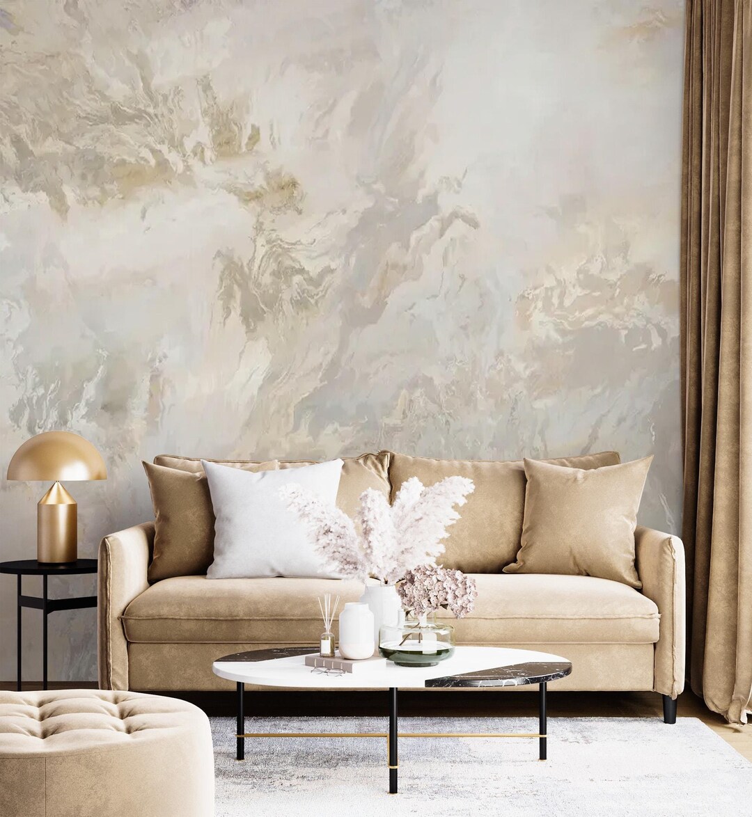 Abstract Art Wallpaper | Beige Wall Mural Fluid Art | Large Artistic