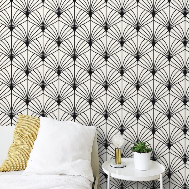 Peel and stick Art Deco Wallpaper Black and White Modern Self Etsy