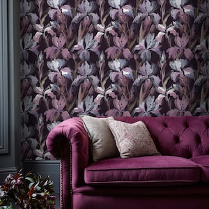 Dark purple floral wallpaper Peel and stick removable or Traditional accent wallpaper iris flowers