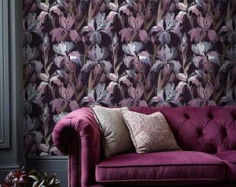 Dark purple floral wallpaper Peel and stick removable or Traditional accent wallpaper iris flowers