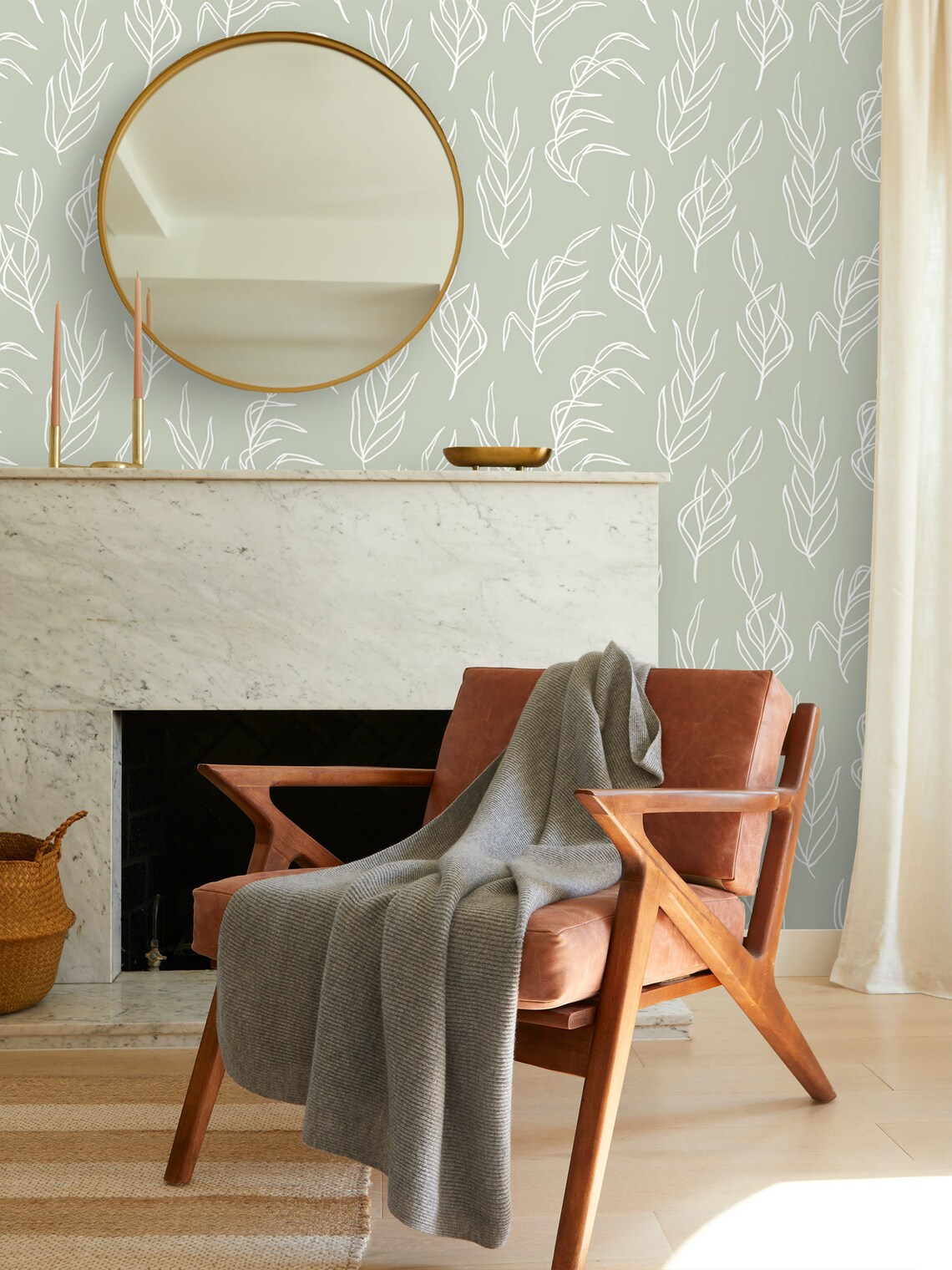 Delicate Leaves Sage Green Wallpaper Peel and Stick or | Etsy