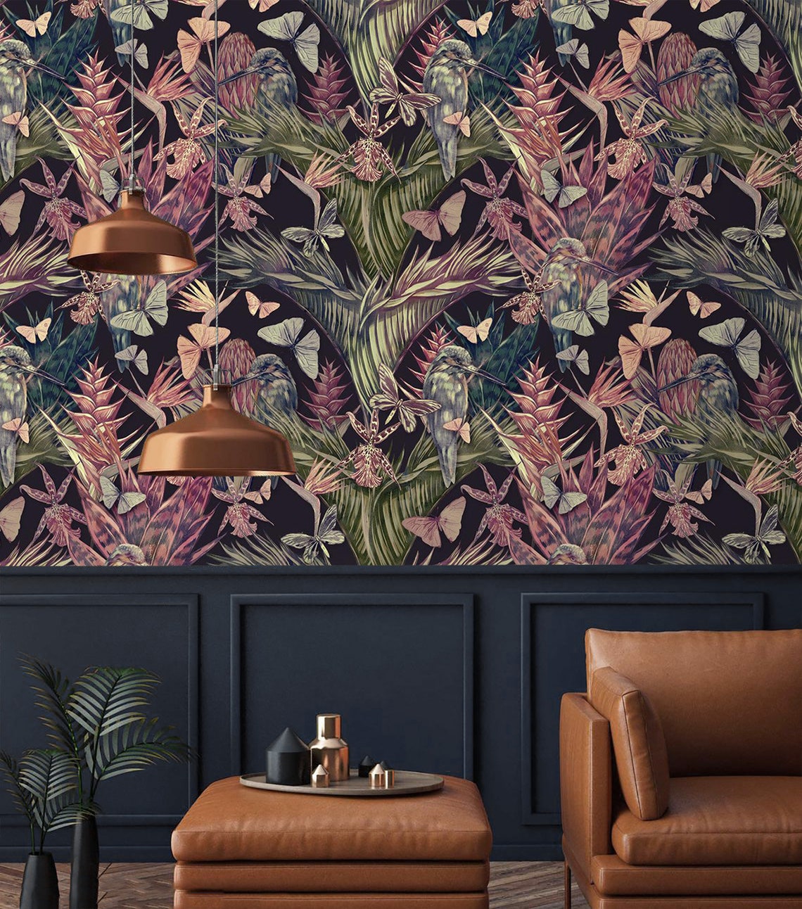 Tropical Floral Wallpaper Hummingbirds Butterflies Wall Paper | Etsy