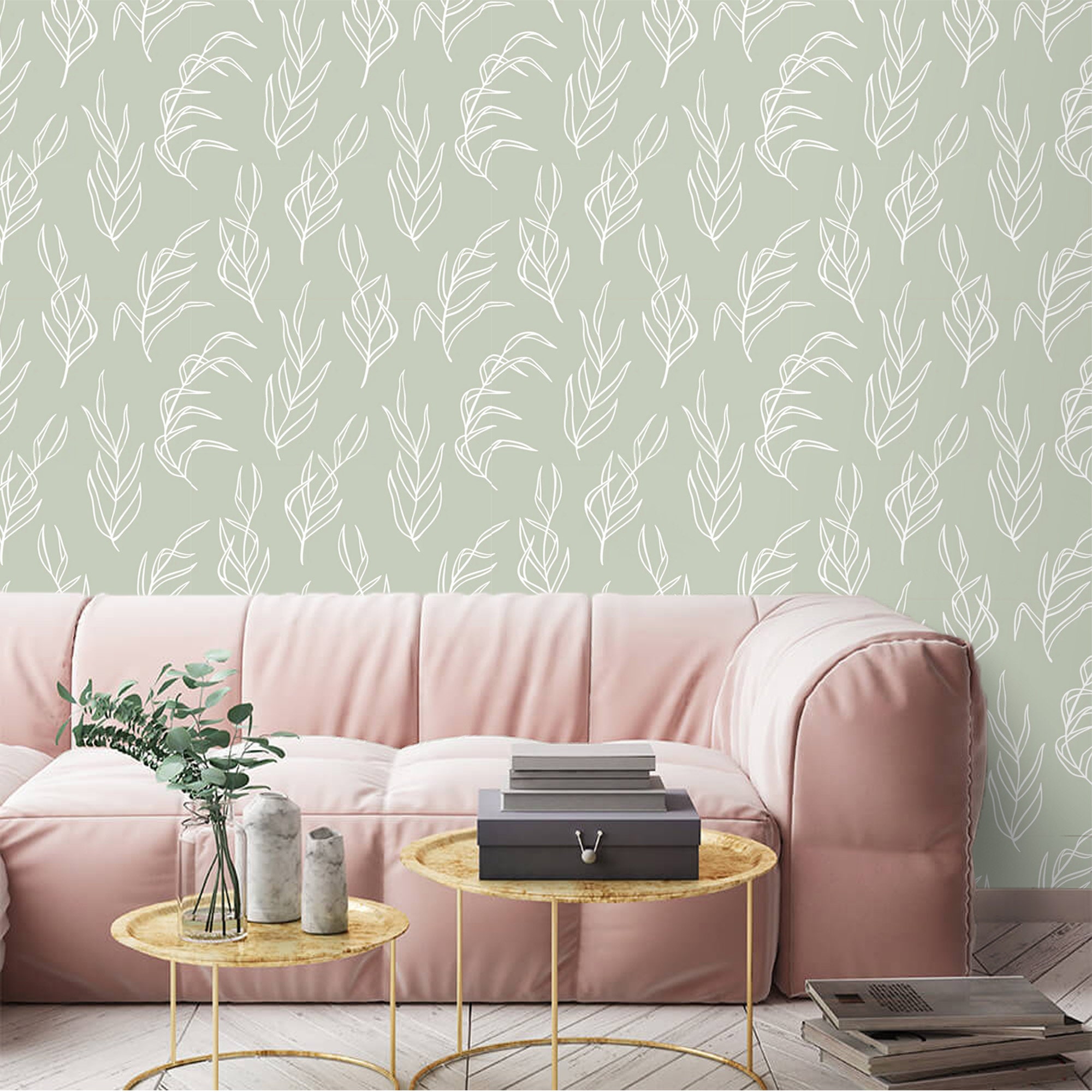 Delicate Leaves Sage Green Wallpaper Peel and Stick or | Etsy