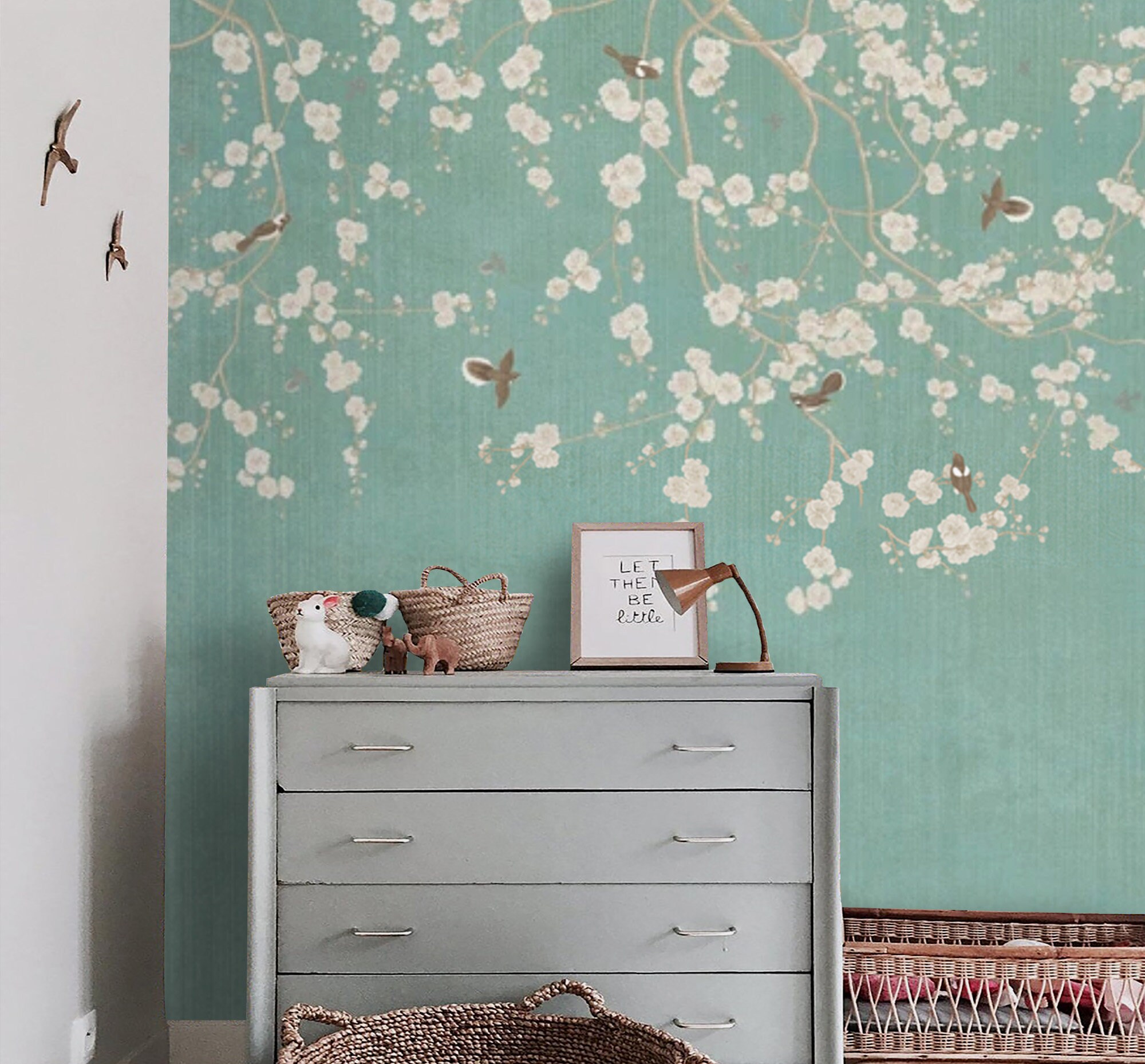 Teal Chinoiserie Wallpaper Flowers and Birds Wall Mural Peel Etsy UK