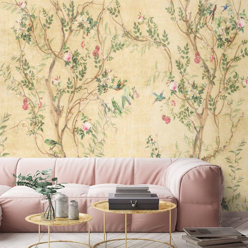 Chinoiserie Wallpaper Mural Peel and Stick Birds Tree Wall Etsy