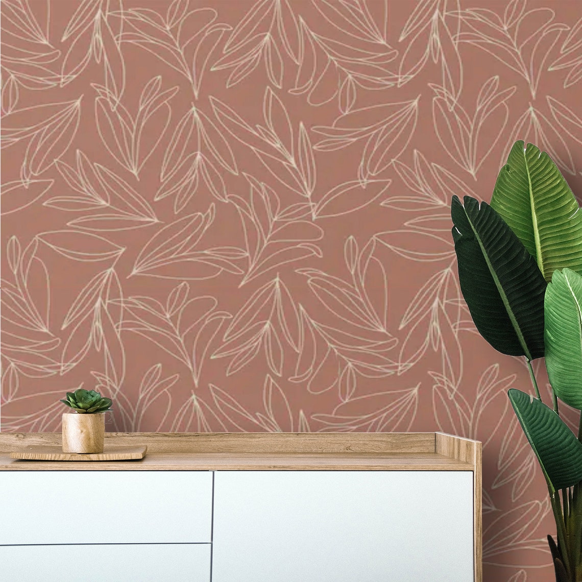 Modern Wallpaper Terracotta Peel and Stick Botanical Wallpaper | Etsy
