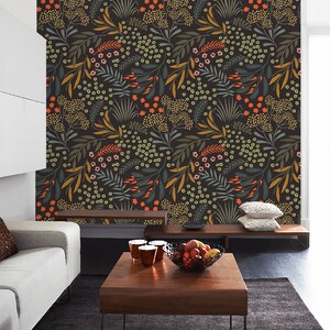 Dark Floral Wallpaper Leaves and Herbs Peel and Stick Wall - Etsy