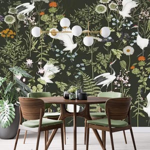 Dark botanical wallpaper mural with birds Peel and stick removable or Traditional accent wallpaper