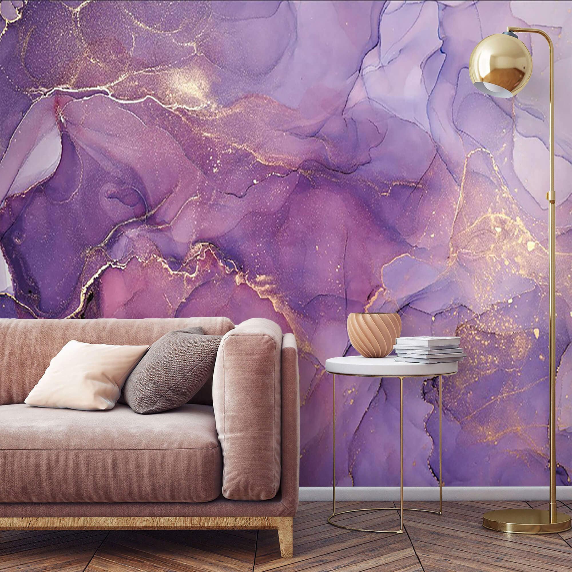 Wall Mural sparkling golden disco ball on a glowing purple background 