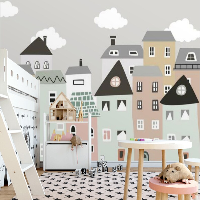 Peel and stick Nursery Wallpaper Neutral Mural Houses Etsy