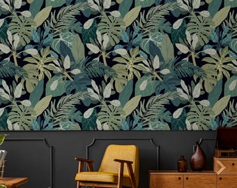 Dark botanical wallpaper Tropical leaves Peel and stick self adhesive or Traditional accent wallpaper