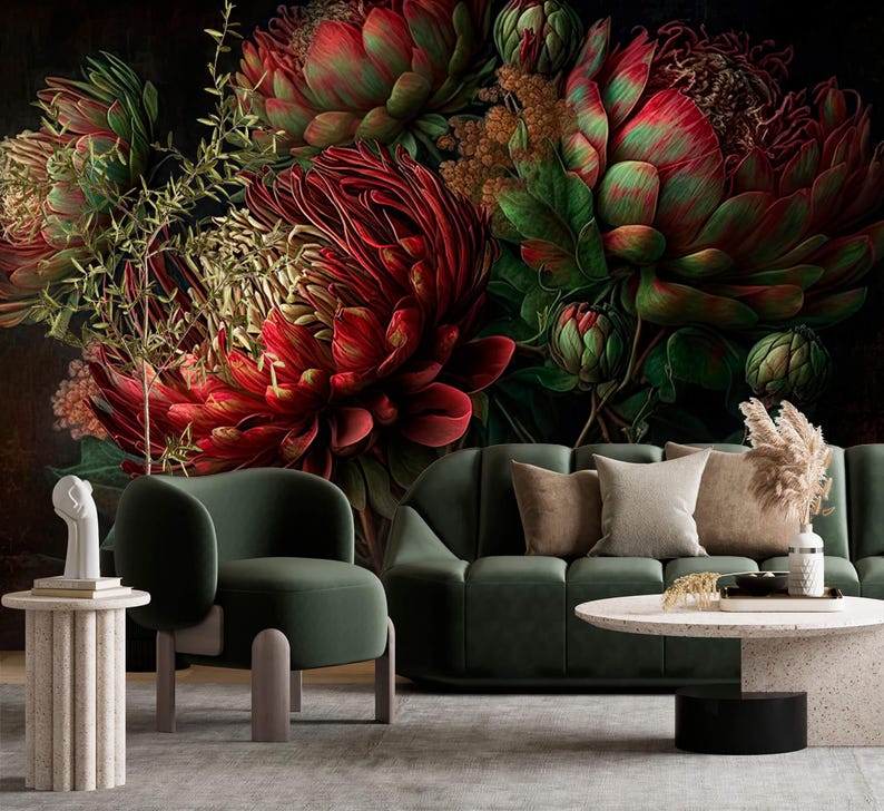 Moody Dark Floral Wallpaper With Red Protea – Bold Vintage Wall Mural ...
