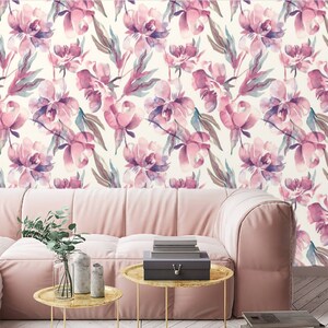Floral wallpaper watercolor flowers Peel and stick removable or Traditional pastel wallpaper