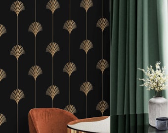 Art deco wallpaper fans black gold non metallic Peel and stick removable or Traditional accent wallpaper