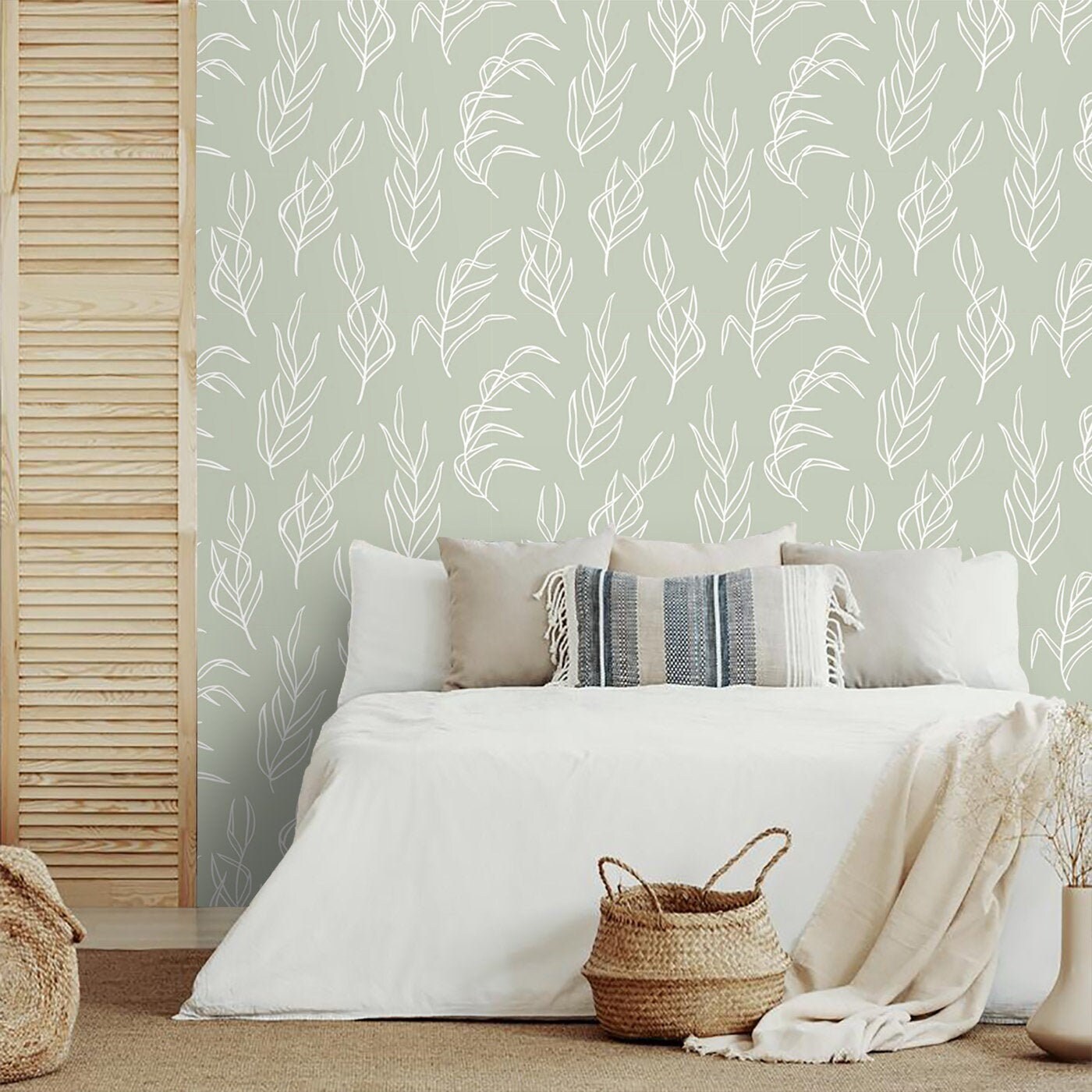 Delicate Leaves Sage Green Wallpaper Peel and Stick or | Etsy