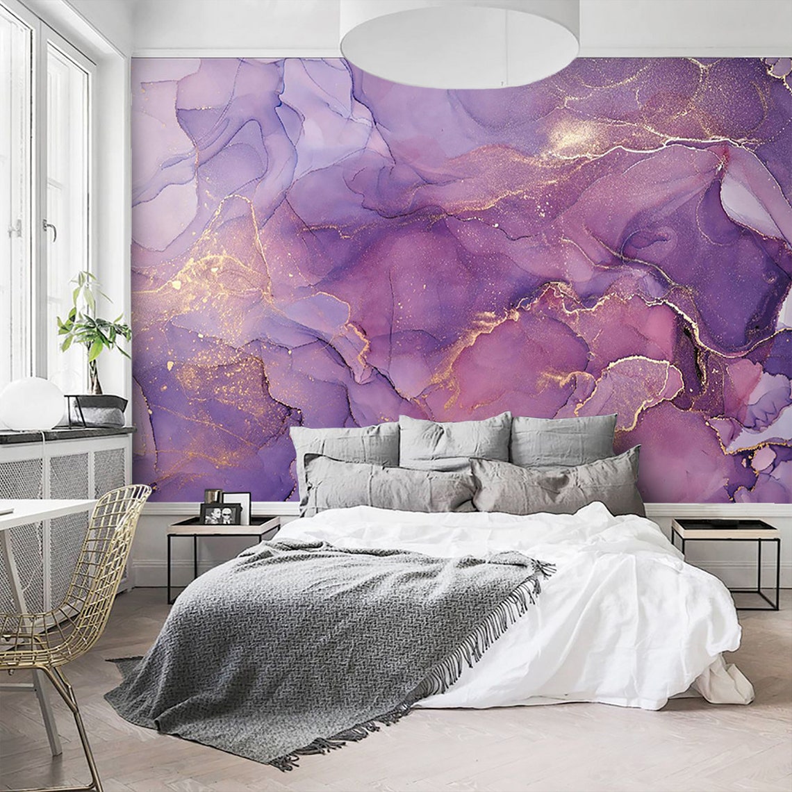 Peel and Stick Purple Gold Abstract Watercolor Wallpaper Mural Etsy
