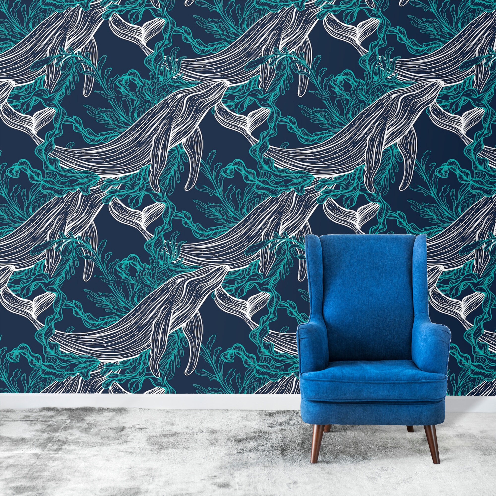 Wallpaper Nautical Peel and stick Wall Paper Whale Underwater | Etsy