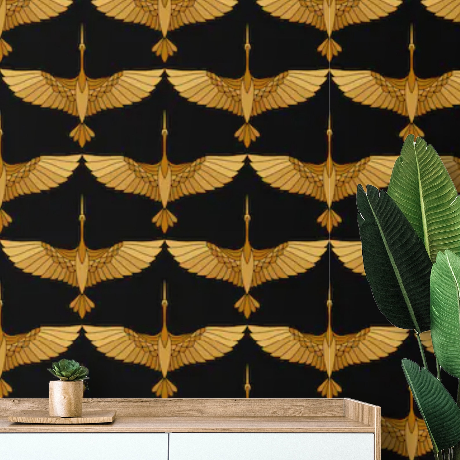 Art Deco Wallpaper Crane Removable Wallpaper Birds Peel and | Etsy