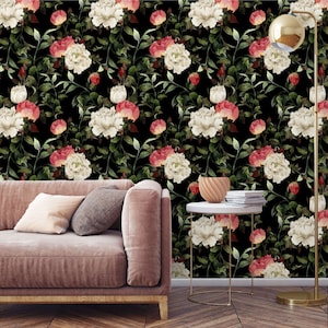 Dark floral wallpaper large flowers Peel and stick removable or Traditional accent wallpaper