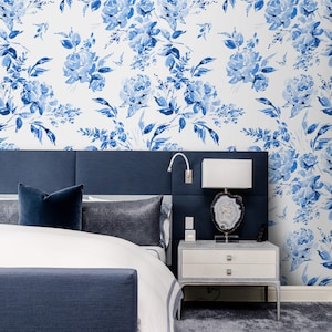 Floral wallpaper blue white watercolor flowers Peel and stick or Traditional accent wallpaper