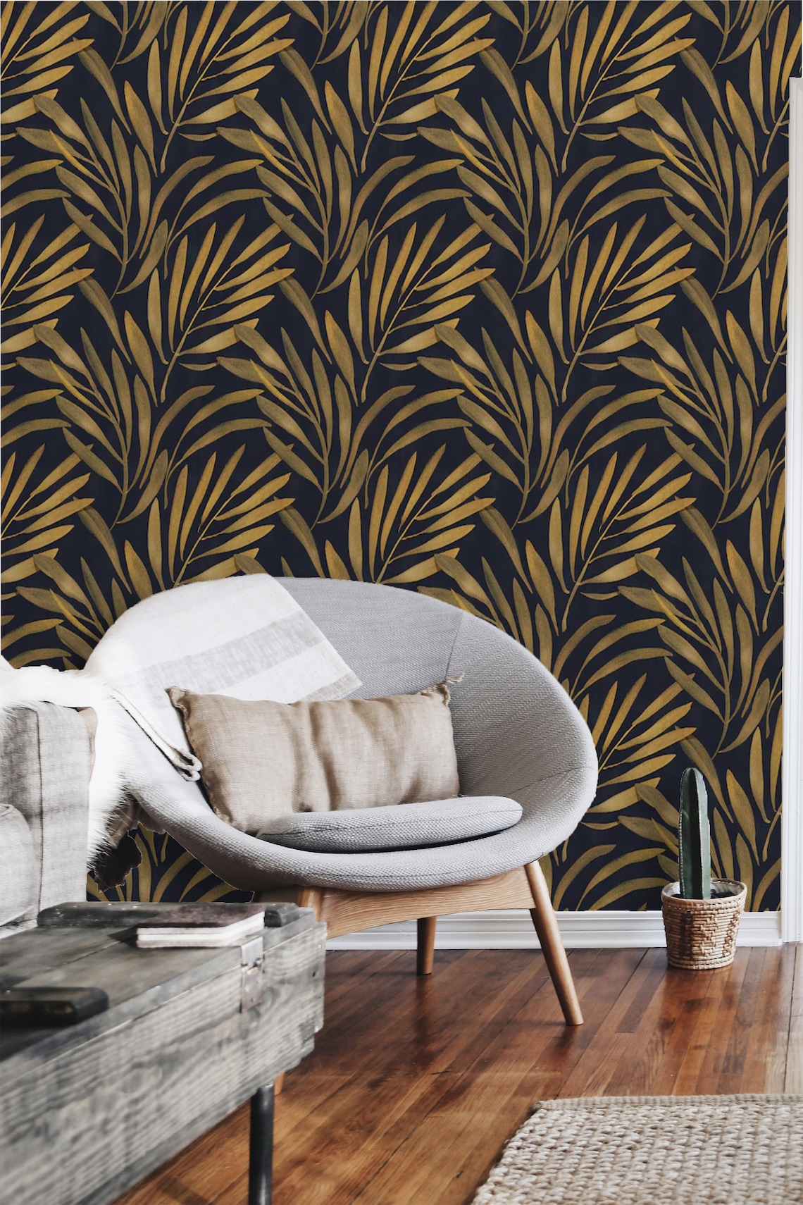 Peel and Stick Wallpaper Mural Black Gold Leaves Hand painted | Etsy