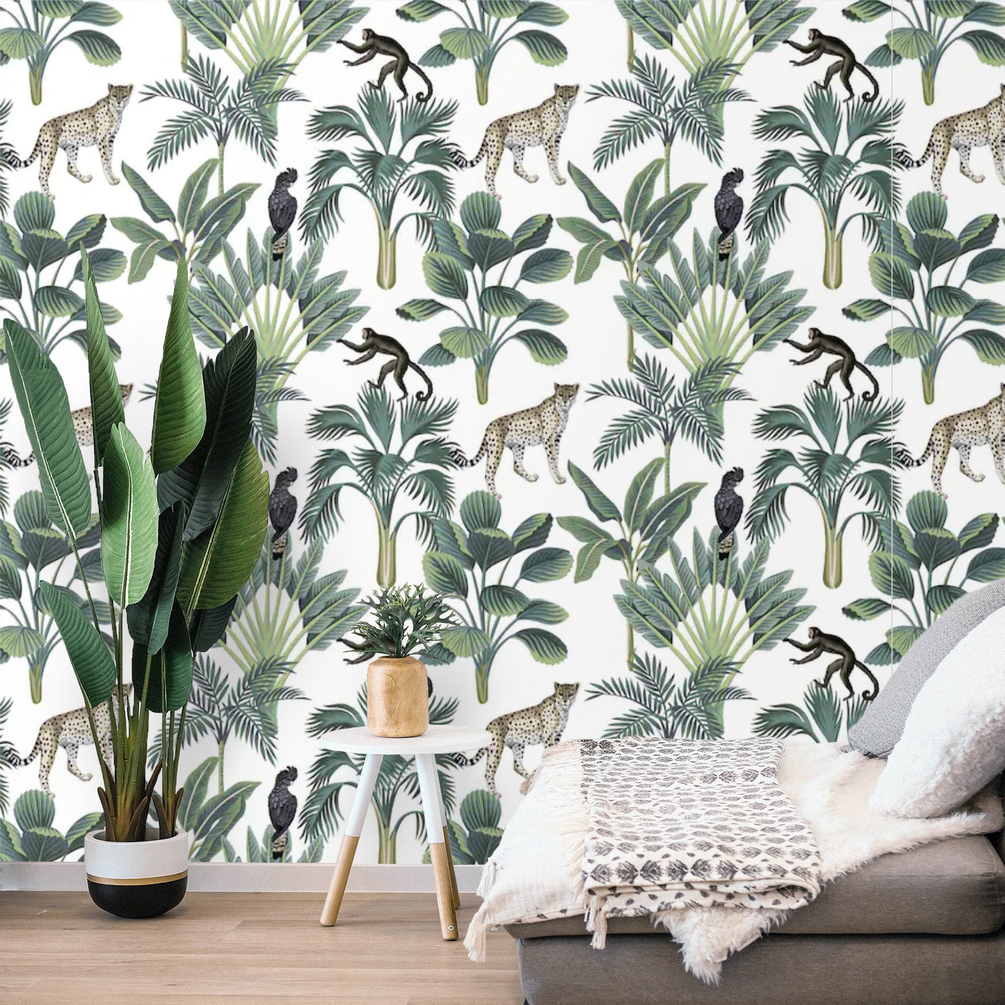 Peel and Stick Palm Leaves Wallpaper Jungle Animals Removable | Etsy