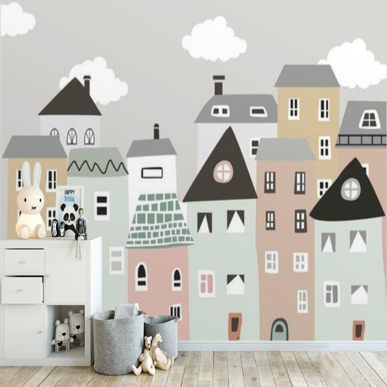 Peel and stick Nursery Wallpaper Neutral Mural Houses Etsy