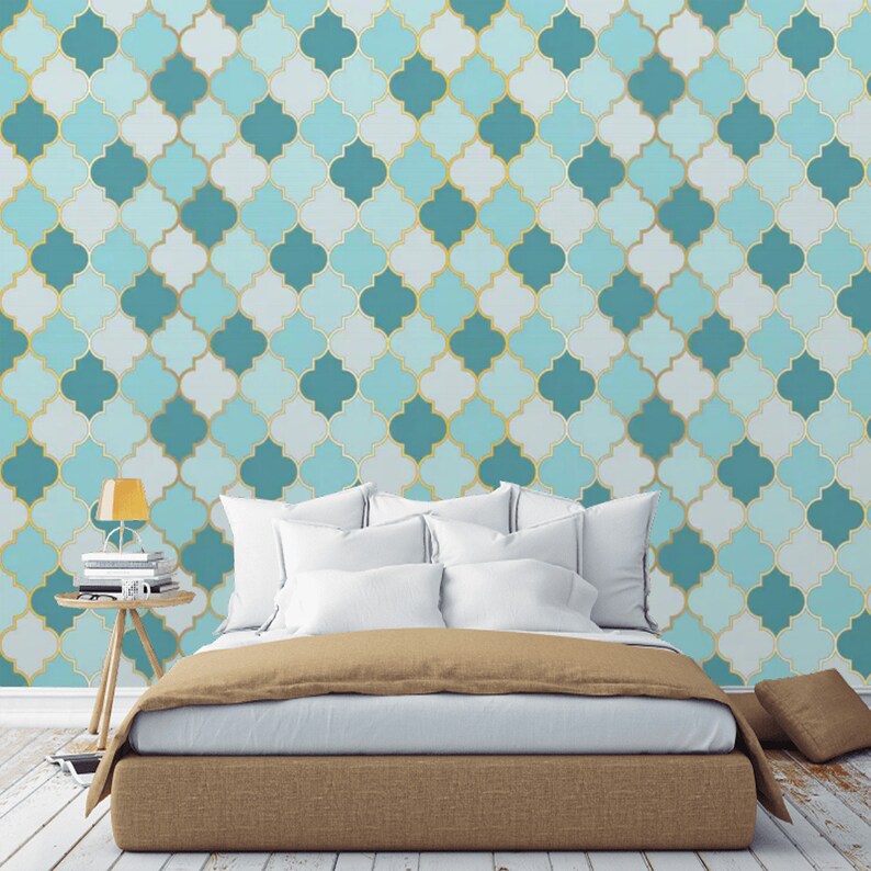 Peel and Stick Moroccan Wallpaper Mural Teal Blue Gold | Etsy