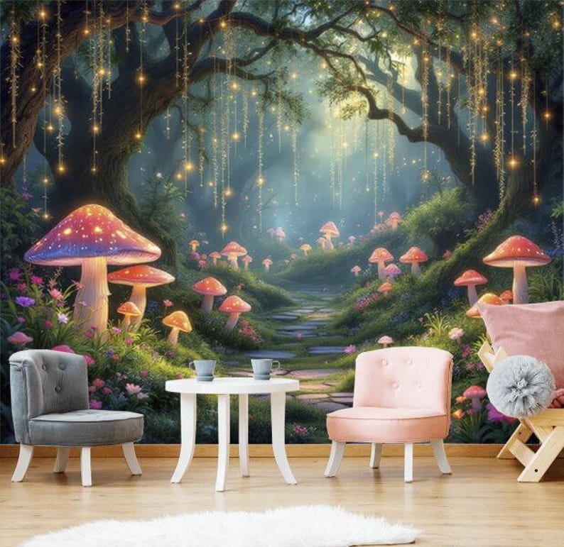 Fairy Forest Wallpaper Kids Mushroom Wonderland Wall Mural Peel and ...