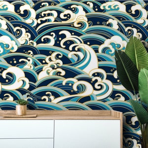 Wallpaper nautical Peel and stick removable or Traditional accent wallpaper waves