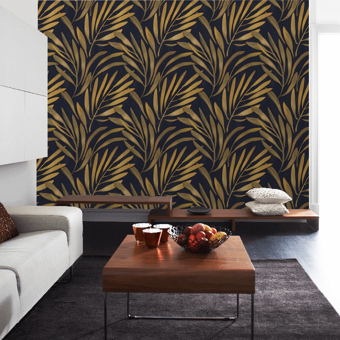 Peel and Stick Wallpaper Mural Black Gold Leaves Hand painted | Etsy