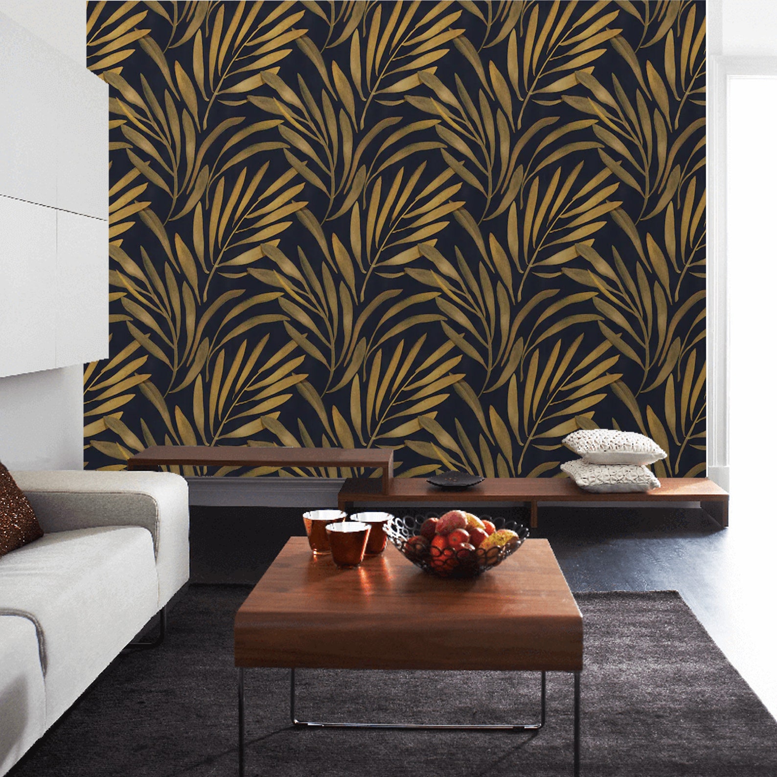 Peel and Stick Wallpaper Mural Black Gold Leaves Hand painted Etsy