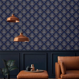 Carta da parati art deco con ventagli blu scuro, stacca e attacca, geometrica, rimovibile, carta da parati con accenti tradizionali